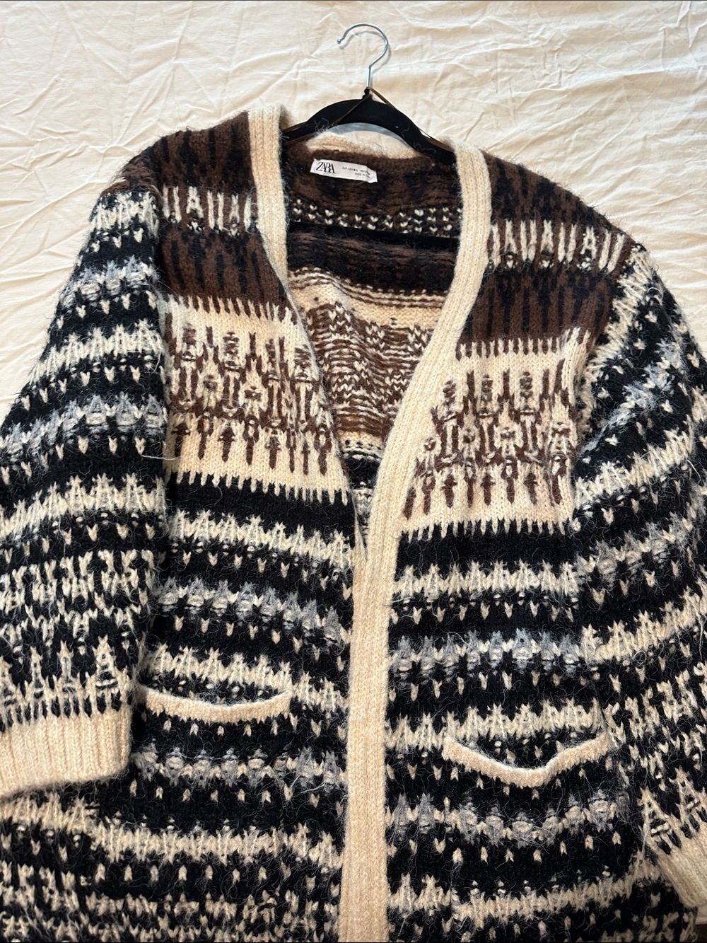 Zara Black, Cream & Brown Patterned Knit Cardigan